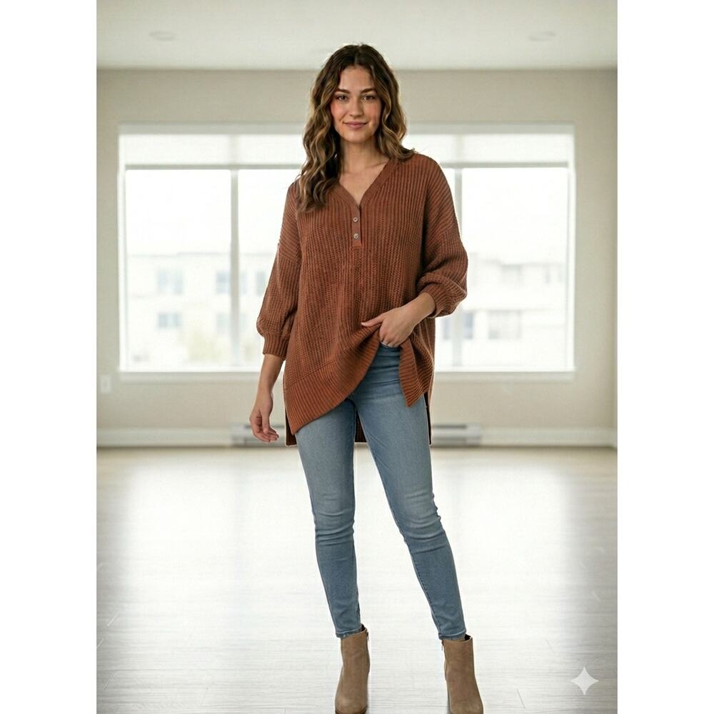 American Eagle Oversized Henley Sweater Terracotta Open Knit Boho Whimsigoth